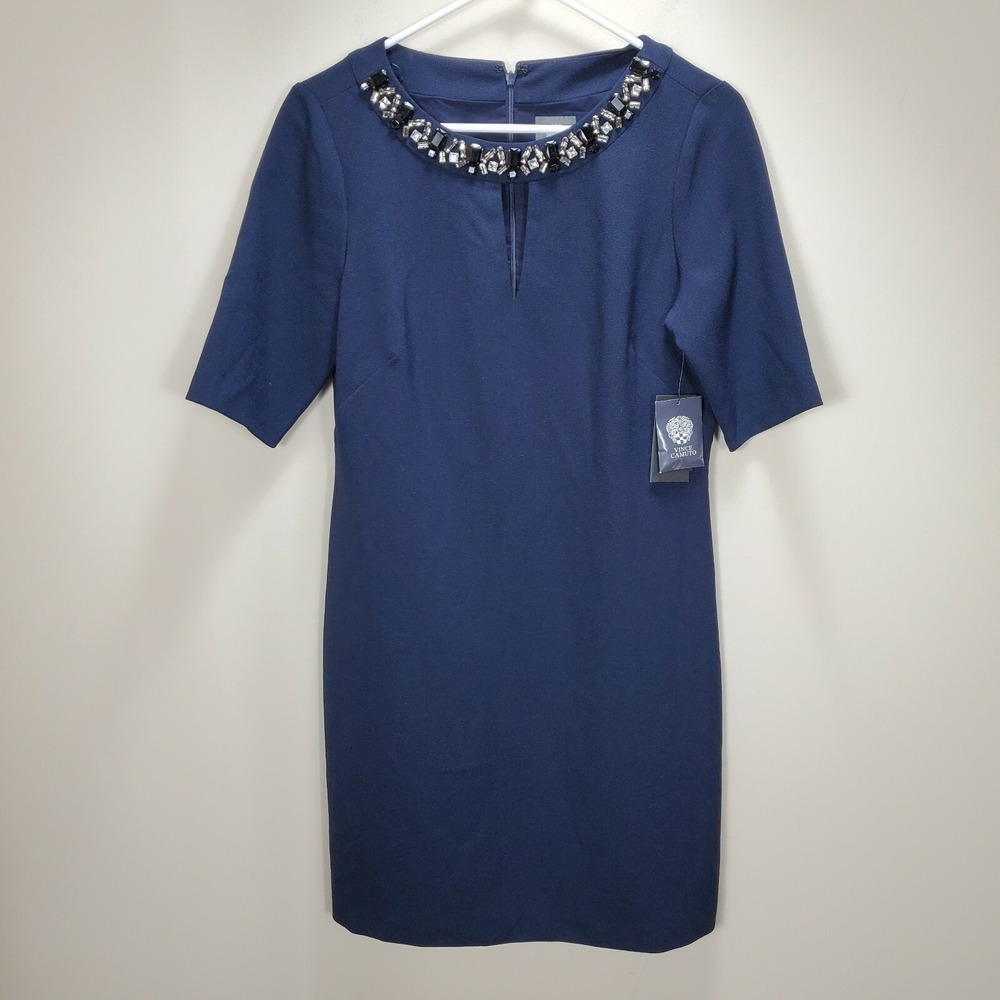 Vince Camuto Blue Jewel Neck Keyhole Dress NWT Sz 8 Sheath